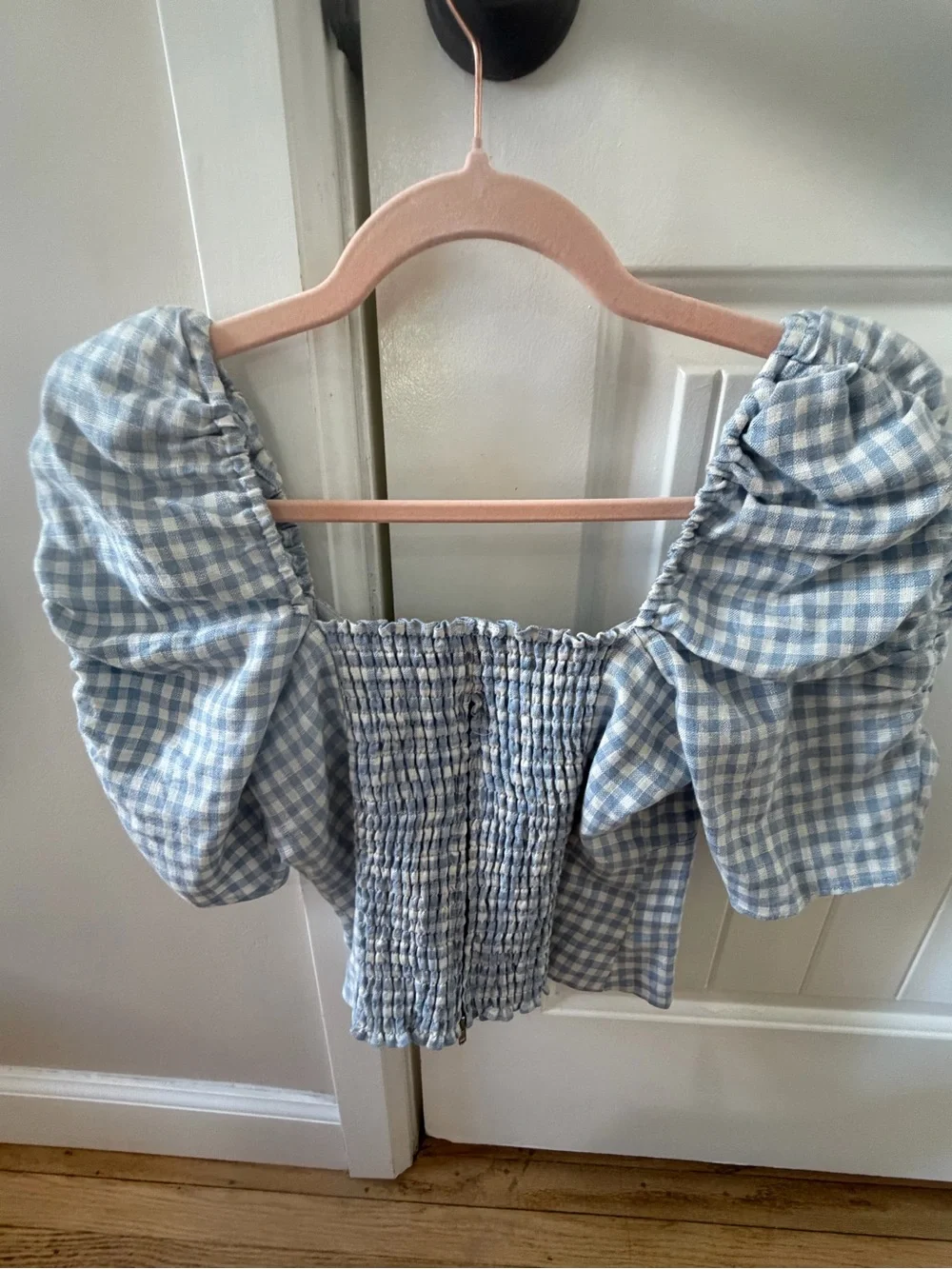 Reformation Light Blue Gingham Puff-Sleeve Square Neck Blouse